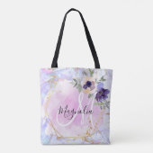 Chic Floral Blue Pink Gold Rainbow Marble Monogram Tote Bag (Achterkant)