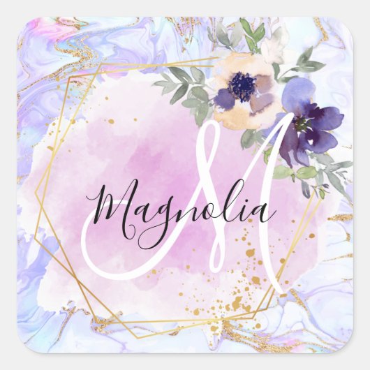 Chic Floral Blue Pink Gold Rainbow Marble Monogram Vierkante Sticker (Voorkant)