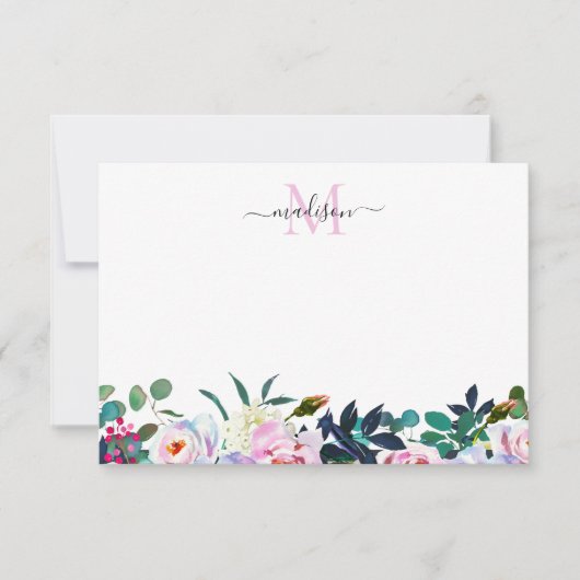 Chic Floral Blush Pink Peony Botanisch Monogram Notitiekaartje (Voorkant)