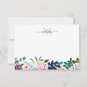 Chic Floral Blush Pink Peony Botanisch Monogram Notitiekaartje