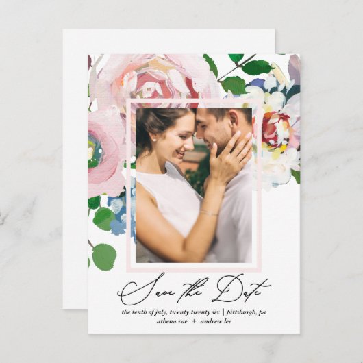 Chic Floral Boeket en Lijst Save the Date Uitnodiging Briefkaart (Voorkant / Achterkant)
