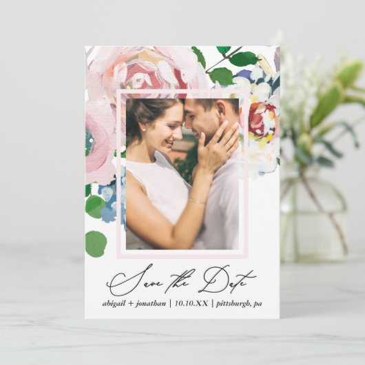 Chic Floral Boeket en Lijst Waterverf Twee Foto Save The Date (Staand voorkant)