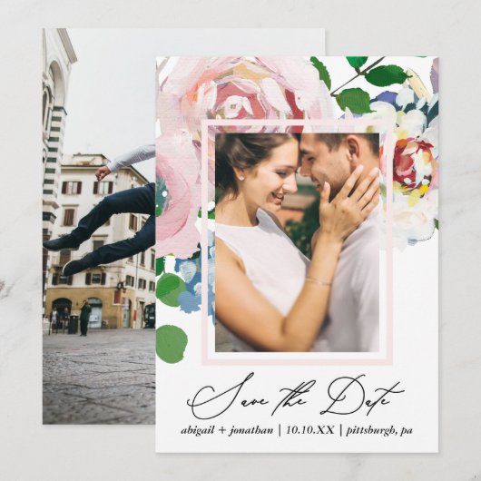 Chic Floral Boeket en Lijst Waterverf Twee Foto Save The Date (Voorkant / Achterkant)