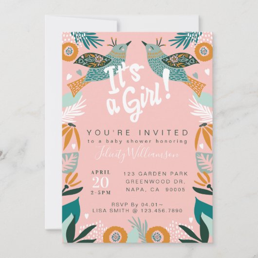 Chic Floral Botanical Bird Baby shower Invitation Kaart (Voorkant)