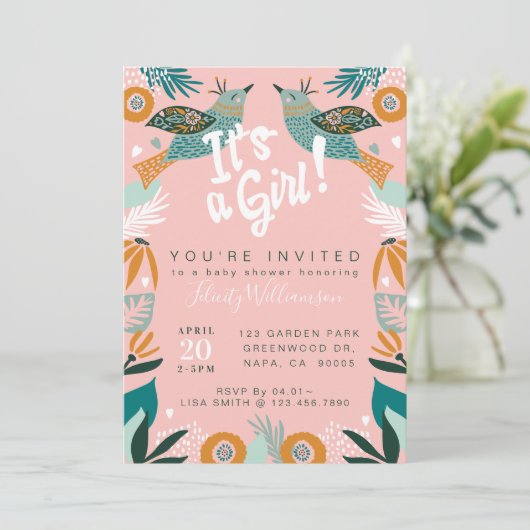 Chic Floral Botanical Bird Baby shower Invitation Kaart (Staand voorkant)