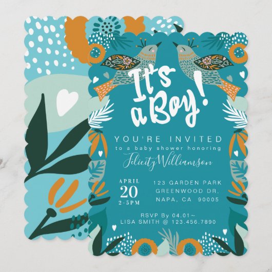 Chic Floral Botanical Bird Baby shower Invitation Kaart (Voorkant / Achterkant)