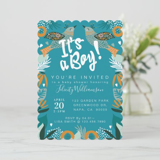 Chic Floral Botanical Bird Baby shower Invitation Kaart (Staand voorkant)