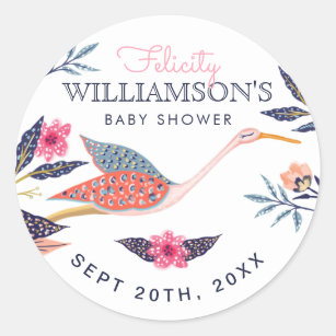 Chic Floral Botanical Flying Stork Baby shower Ronde Sticker