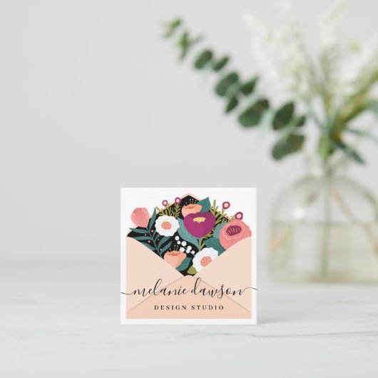 Chic Floral Botanical Garden Open Envelope Design Vierkante Visitekaartje (Staand voorkant)