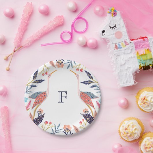 Chic Floral Botanical Monogram Ooievaar Baby showe Papieren Bordje (Feest)