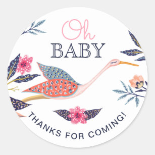 Chic Floral Botanical Stork Baby shower Dank u Ronde Sticker