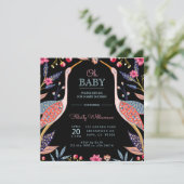 Chic Floral Botanical Stork Baby shower Invitation Kaart (Staand voorkant)