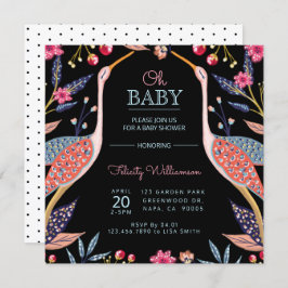 Chic Floral Botanical Stork Baby shower Invitation Kaart