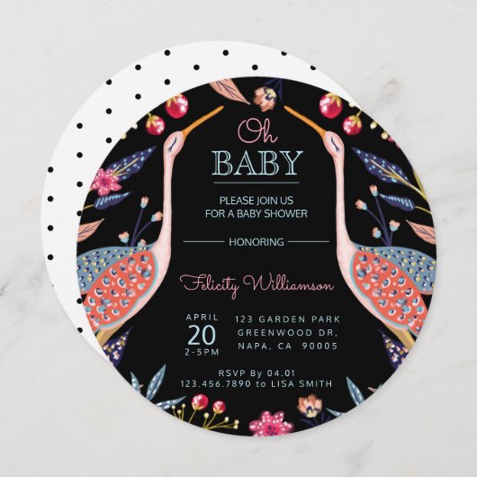 Chic Floral Botanical Stork Baby shower Invitation Kaart (Voorkant / Achterkant)