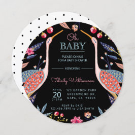 Chic Floral Botanical Stork Baby shower Invitation Kaart