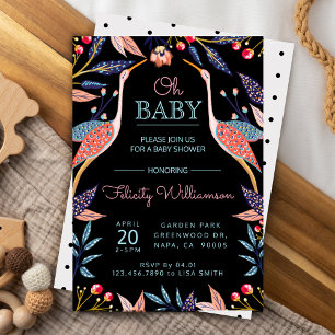 Chic Floral Botanical Stork Baby shower Invitation Kaart