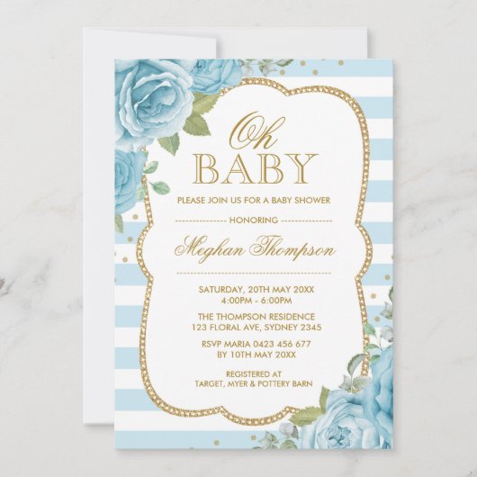 Chic Floral Boy Baby shower Invitation Blue Gold Kaart (Voorkant)