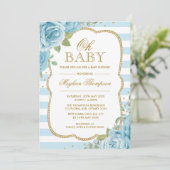 Chic Floral Boy Baby shower Invitation Blue Gold Kaart (Staand voorkant)