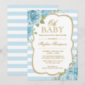 Chic Floral Boy Baby shower Invitation Blue Gold Kaart (Voorkant / Achterkant)