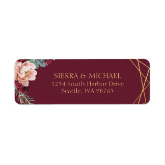 Chic Floral Burgundy Gold Wedding Return Address Etiket
