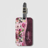 Chic floral Burgundy roze paarse glitter monogram Bagagelabel (Voorkant (verticaal))