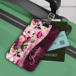 Chic floral Burgundy roze paarse glitter monogram Bagagelabel