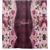 Chic floral Burgundy roze paarse glitter monogram Douchegordijn (Voorkant)