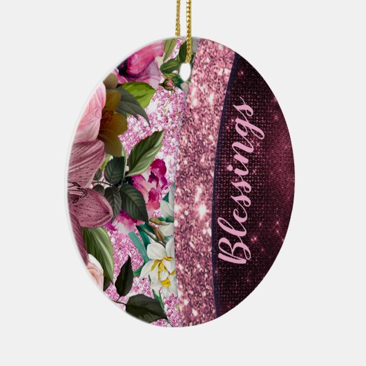 Chic floral Burgundy roze paarse glitter monogram Keramisch Ornament (Rechts)