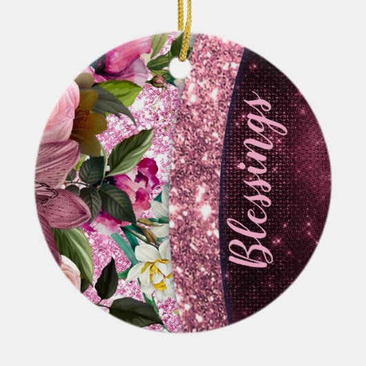 Chic floral Burgundy roze paarse glitter monogram Keramisch Ornament (Voorkant)