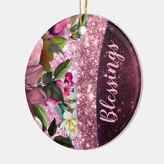 Chic floral Burgundy roze paarse glitter monogram Keramisch Ornament (Links)