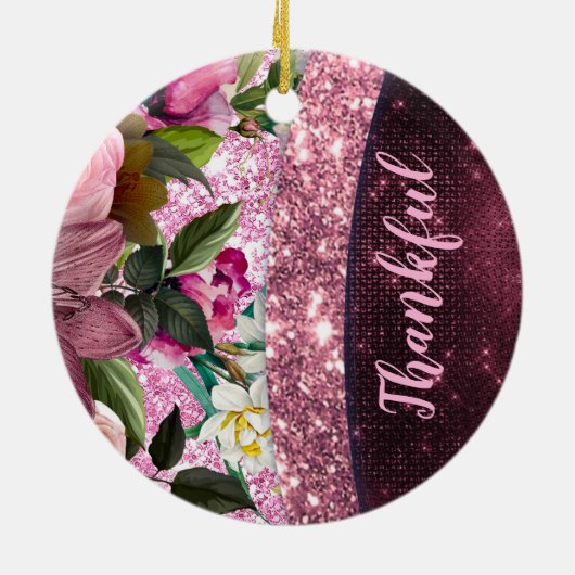 Chic floral Burgundy roze paarse glitter monogram Keramisch Ornament (Achterkant)