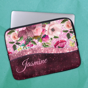 Chic floral Burgundy roze paarse glitter monogram Laptop Sleeve