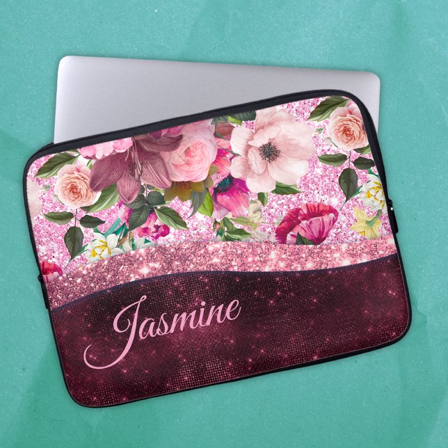 Chic floral Burgundy roze paarse glitter monogram Laptop Sleeve (Creator heeft geüpload)