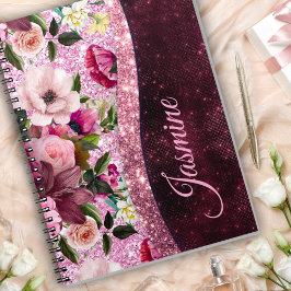 Chic floral Burgundy roze paarse glitter monogram Notitieboek