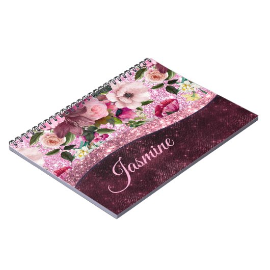 Chic floral Burgundy roze paarse glitter monogram Notitieboek (Linkerzijde)