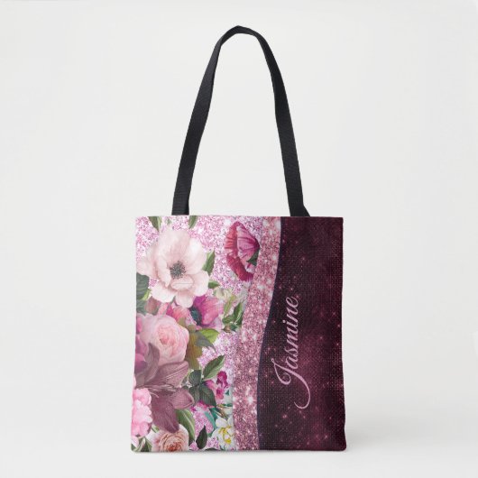 Chic floral Burgundy roze paarse glitter monogram Tote Bag (Voorkant)