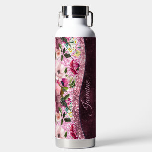 Chic floral Burgundy roze paarse glitter monogram Waterfles
