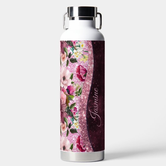 Chic floral Burgundy roze paarse glitter monogram Waterfles (Voorkant)
