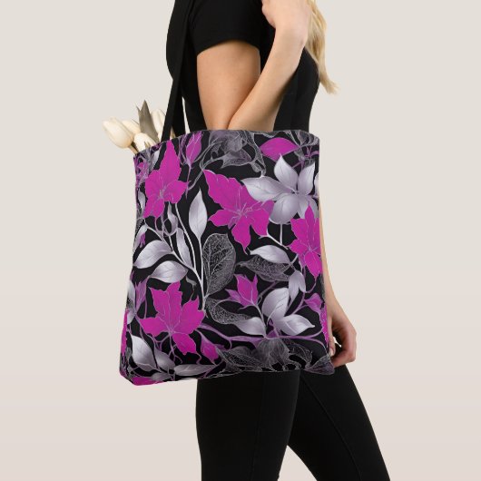 Chic Floral Canvas tas met roze en zilveren blader (Dichtbij)