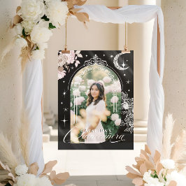 Chic Floral Celestial Moon Stars Photo Quinceanera Acryl Bord