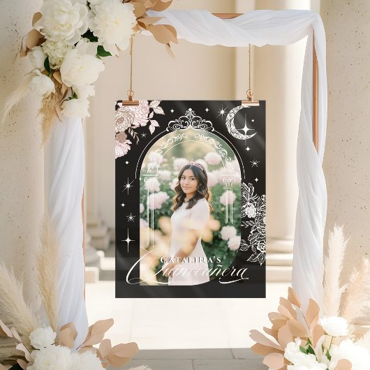 Chic Floral Celestial Moon Stars Photo Quinceanera Acryl Bord