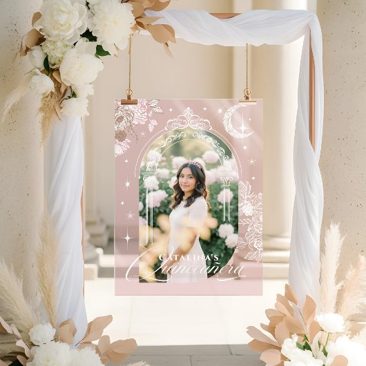 Chic Floral Celestial Moon Stars Photo Quinceanera Acryl Bord