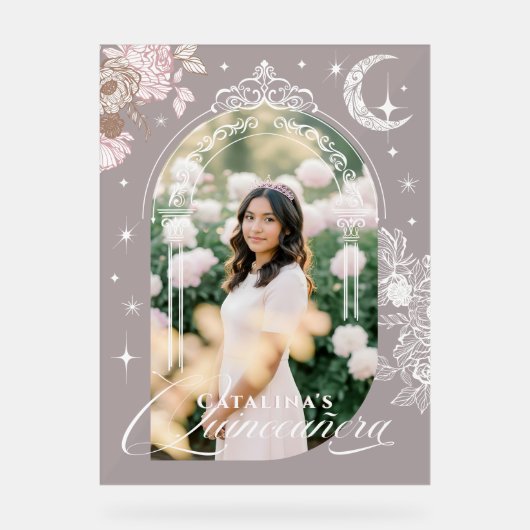 Chic Floral Celestial Moon Stars Photo Quinceanera Acryl Bord (Voorkant)