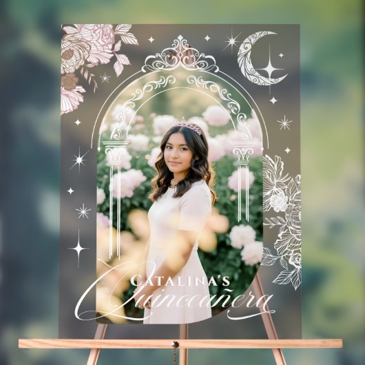 Chic Floral Celestial Moon Stars Photo Quinceanera Acryl Bord (Neutraal)