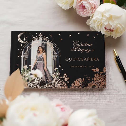 Chic Floral Celestial Moon Stars Photo Quinceañera Gastenboek