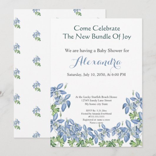 Chic Floral Columbine Blue Boy Baby shower (Voorkant / Achterkant)