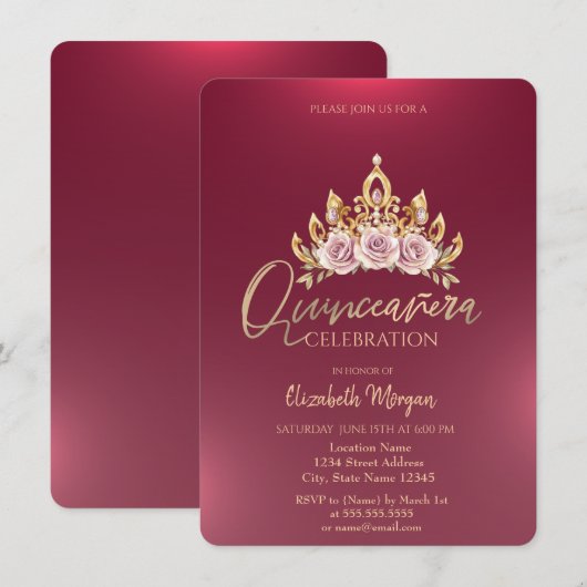 Chic Floral Crown Bourgondië Quinceañera Kaart (Voorkant / Achterkant)