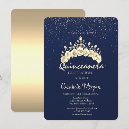 Chic Floral Crown Navy Blue Gold Quinceañera  Kaart (Voorkant / Achterkant)