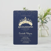 Chic Floral Crown Navy Blue Gold Quinceañera  Kaart (Staand voorkant)