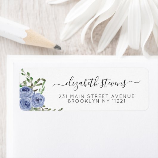 Chic Floral Dusty Blue Waterverf Roos Script Etiket (Insitu)